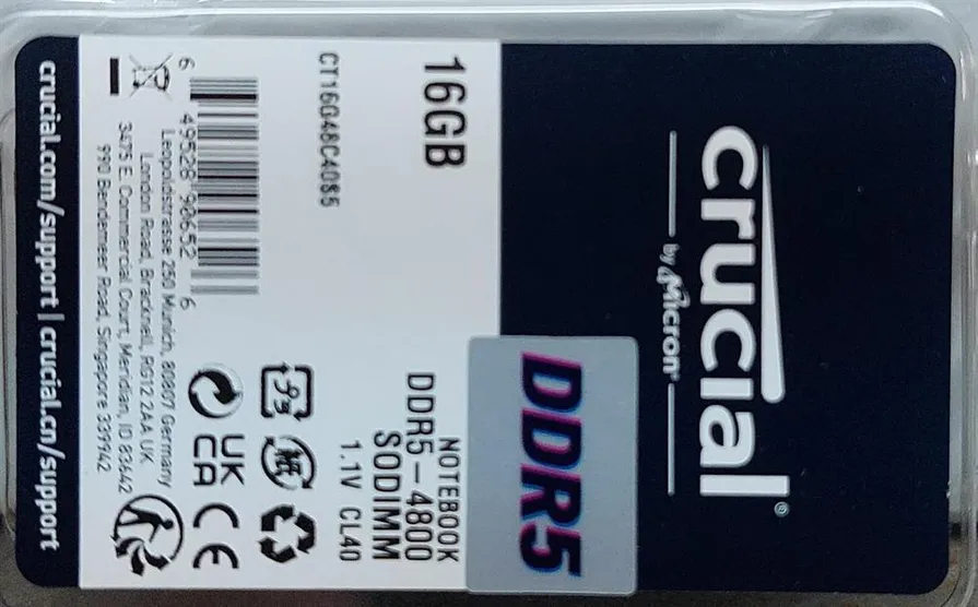 זכרון למחשב נייד Crucial DIMM 16GB DDR5 4800Mhz